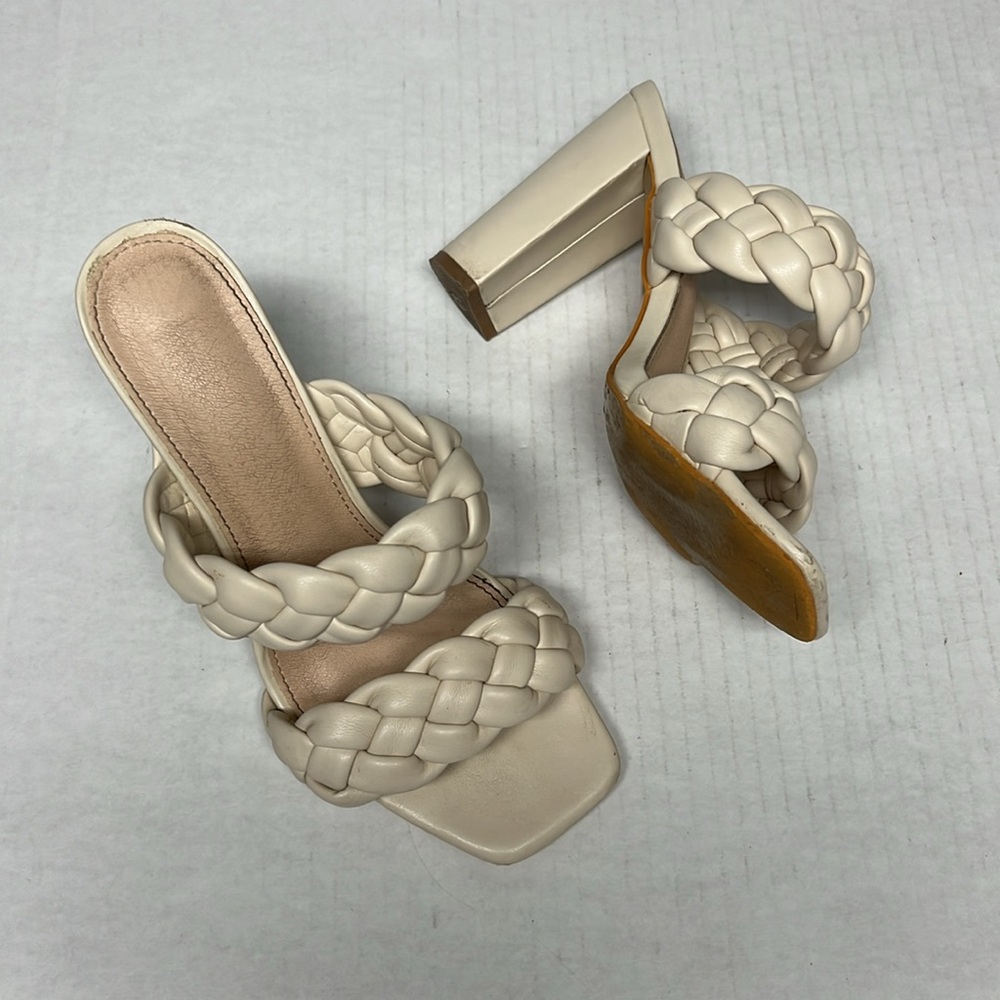 Braided Double Strap Block Heel Sandals – Cream Faux Leather Square Toe Size 7.5 - Picture 5 of 12